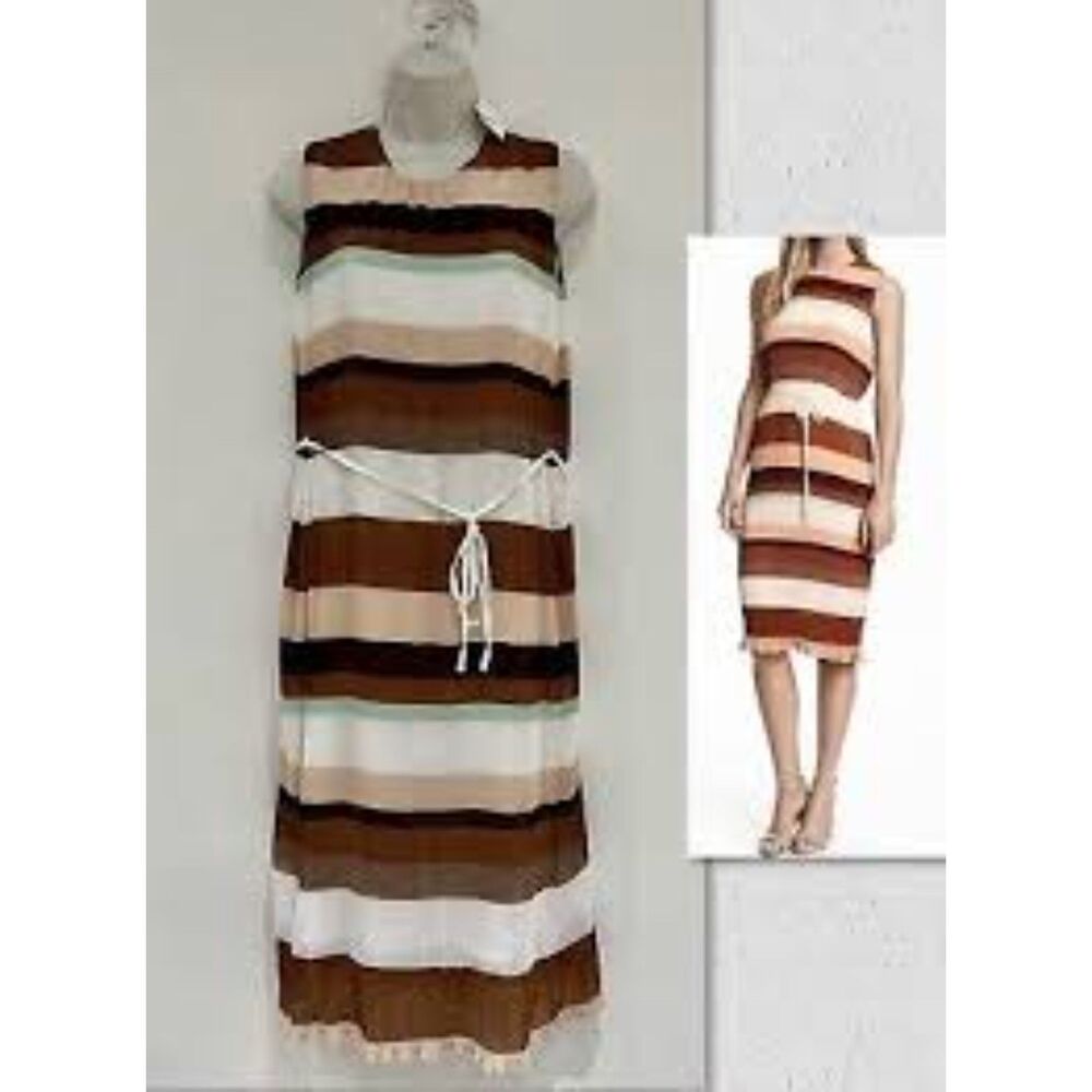 H&M Dress Striped Pleated Chiffon Sleeveless Size 4 Cream Brown Office Party - Picture 2 of 10